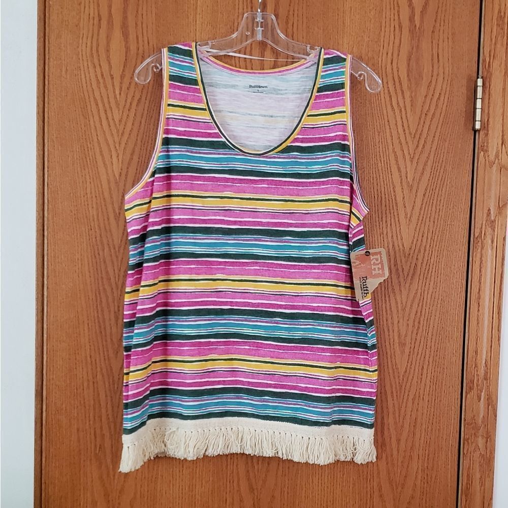 RuffHewn Colorful Striped Tank Top w/Fringed Hem Sz L